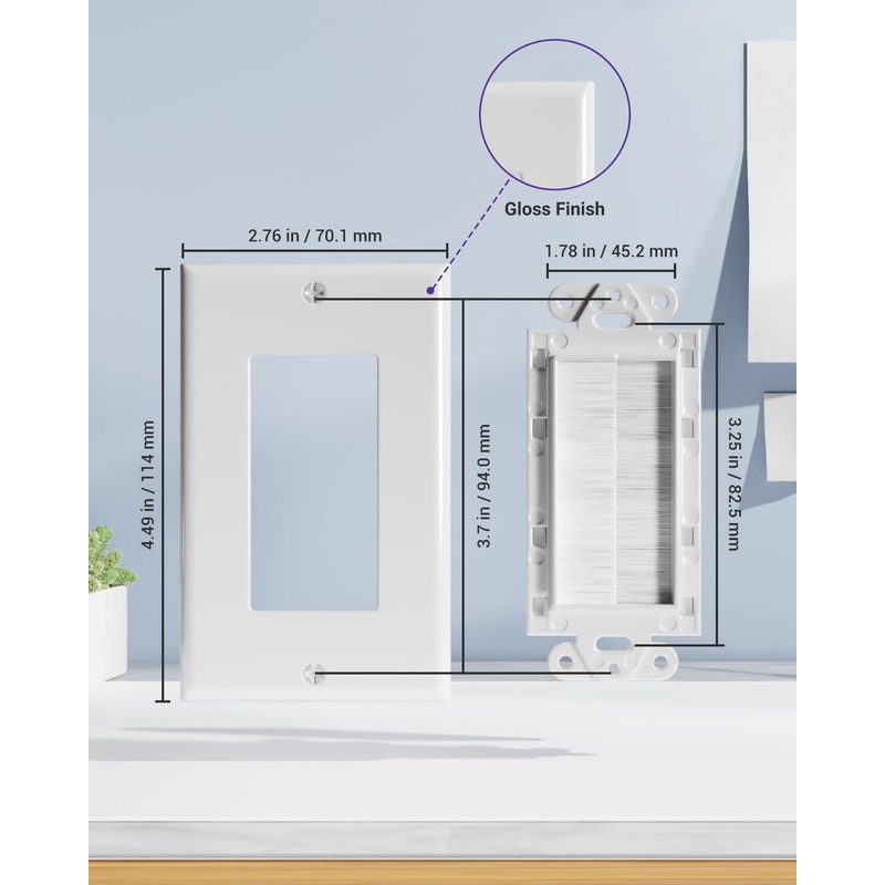 VCE Brush Wall Plate, Cable Pass Through Insert for Wires,