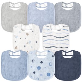 Susurration Muslin Baby Bibs 8 Pack Bandana Drool Bibs, Soft Square Adjustable Baby Drooling Bibs for Unisex Girls & Boys (Blue Print)