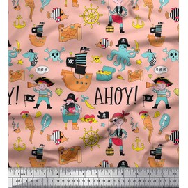 Soimoi Cotton Voile Fabric Ship Wheel,Pirate Boy & Jellyfish Ocean Printed Fabric 1 metre 56 Inch Wide