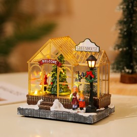 Christmas Village Houses, Farmhouse Musical LED Lighted Christmas House Decor, Resin Christmas Sunshine Green View House Figurines Christmas Home Accessories for Home Decor