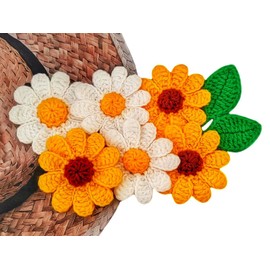 HukDok Handmade Crochet Daisy Flower Decoration Sewing Appliques Floral Petal Sew on Patches Ornament for DIY Craft Costume Bag Earrings or Hair Accessory (Large Yellow & White Daisy)