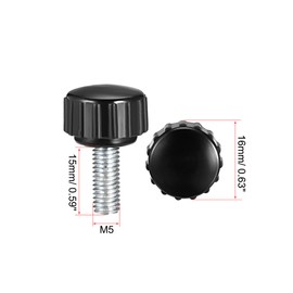 sourcing map 4pcs Knurled Clamping Knobs M5 x 15mm Metric Zinc Plated Carbon Steel Male Thread Thumb Screw on Type 16mm Plastic Round Head Threaded Hand Bolt Stud Knobs Black