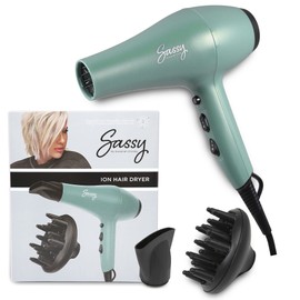 Sassy Ceramic Ion Hair Dryer, 1875-Watt Salon Dryer with Concentrator and Diffuser, Multiple Heat Settings and Cool Shot (Aqua)