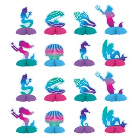 Beistle Mermaid Mini Table Centerpieces 16 Piece Under The Sea Decorations Luau Party Supplies Birthday Tableware, 3.5" - 4.75", Blue/Purple/Pink/Green