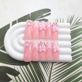 White French Tip Press on Nails Long Fake Nails with Bow Pearls Rhinestones Heart Lines Designs Square Nails Press ons Glossy Glue on Nails Pink Full Cover Artificial Stick on Nails for Women 24 Pcs