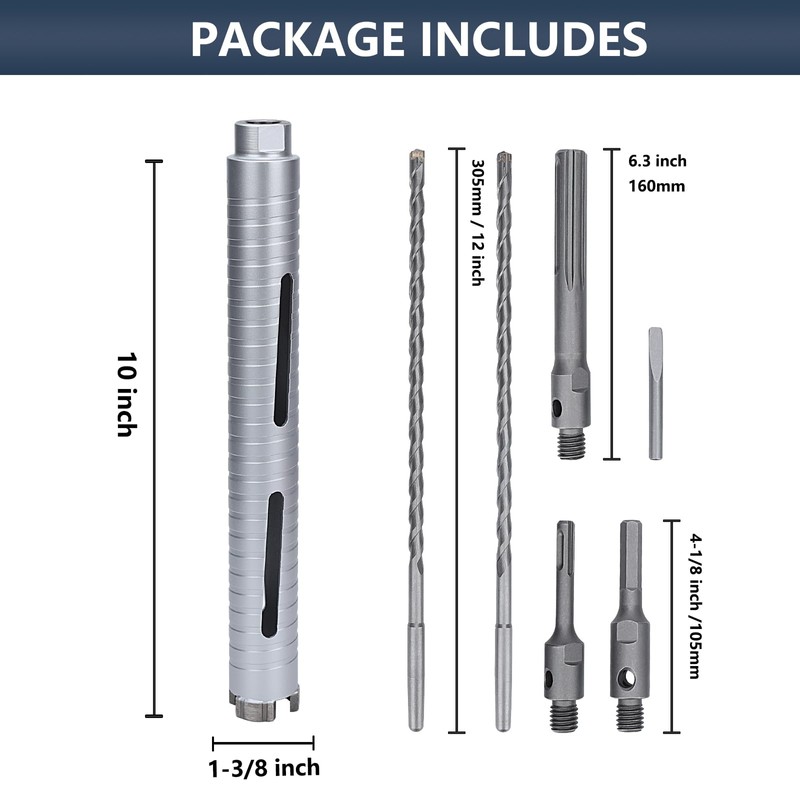 1-3/8 inch Diamond Dry Core Drill Bit, 10" Drilling Depth,