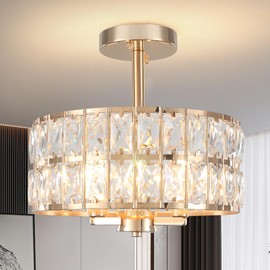 12.6” Rose Gold Semi Flush Mount Ceiling Light Fixture,Modern Crystal Chandelier 3 Lights Close to Ceiling Light Fixtures Drum Round Chandelier for Bedroom Foyer Entryway Hallway Dining Room Kitchen