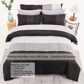 RYNGHIPY 8Pcs Revsible Grey Black Striped Down Alternative Comforter Bedding Collections, Lightweight All Season Striped Bedding Comforters Sets for Queen Bed (Queen,Grey Black)