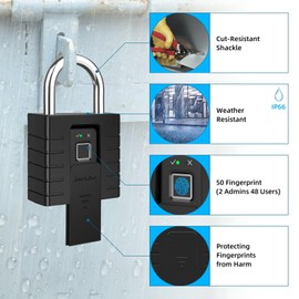 TenixLox Fingerprint Padlock with APP and Mechanical Key, Heavy Duty Black Padlock, Suitable for Outdoor, Car and Cabinets, Waterproof