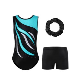 ESHOO Striped Gymnastics Leotards for Girls Sparkle Ballet Dance Gymnastics Athletic Leotards with Shorts & Hairband(Sleeveless Blue,7-8Y)