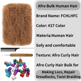 Afro Kinky Bulk 100% Human Hair 8inch 120g/Pack Afro Kinky Curly Bulk Bundles Hair for Making/Repair Locs, Dreadlocks Braiding Hair Extensions（honey Blond#，8 Inch）