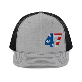 GoodLife Graphix Trump 47 MAGA America Richardson Trucker Hat for Men Women - Heather Grey / Black