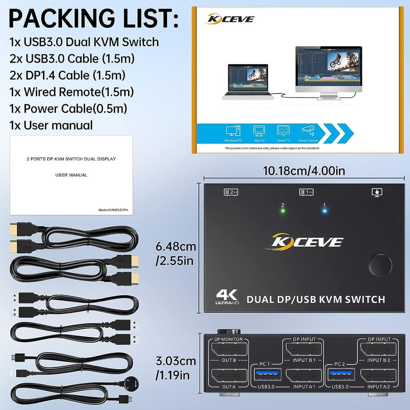 8K USB 3.0 Display Port KVM Switch 2 Monitors 2