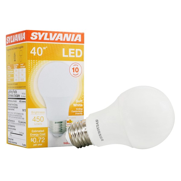 SYLVANIA LED Light Bulb, 40W Equivalent A19, Efficient 6W, Medium Base, Frosted Finish, Soft White - 1 Pack (74076)