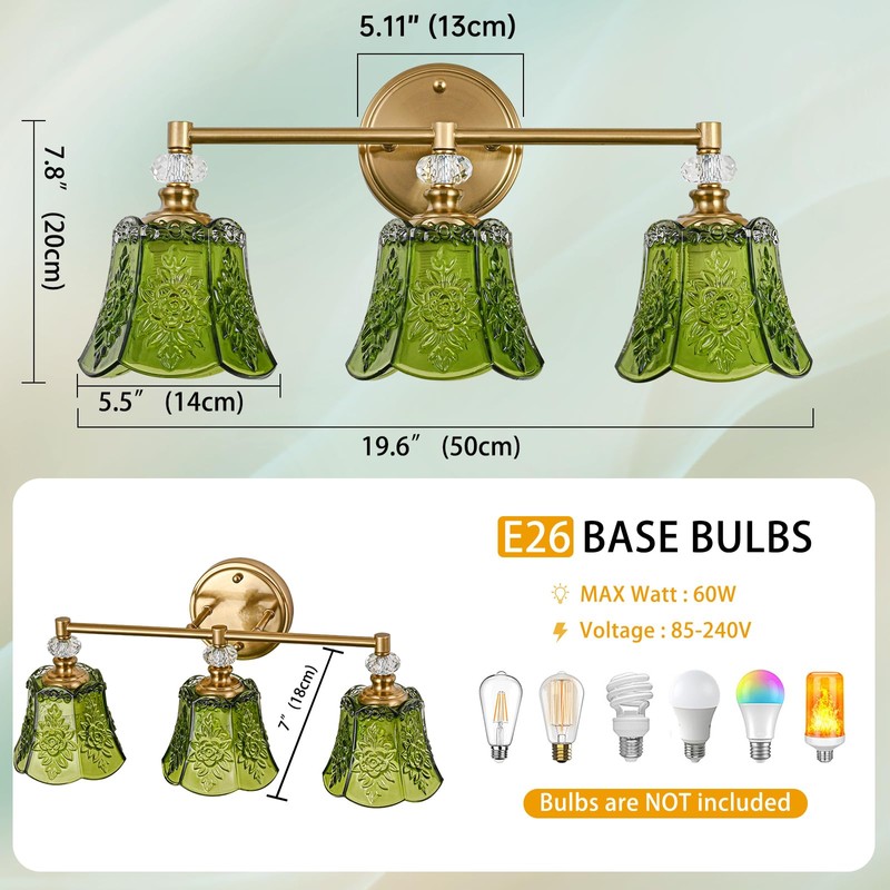 sunkryster Vintage Gold Bathroom Vanity Light Fixture, 3-Light with Rose