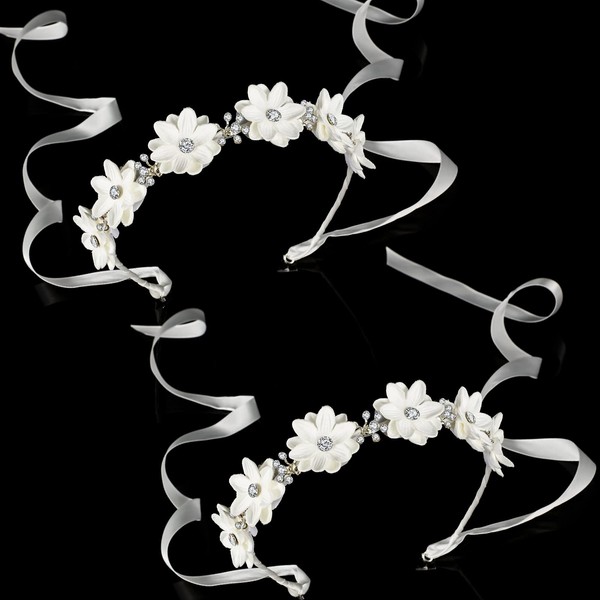 Syhood 2 Pieces Girl Elegant Headband Flower Headpiece White Flower Headband with Ribbon and Rhinestones Cute Bridal Wedding headband for Girl Party Hair Accessories