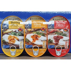 Deutsche Kuche Herring Fillets in Curry Pineapple Sauce, in Mango Pepper Sauce, and in Tomato Sauce 7.05oz 200g (3 Cans)