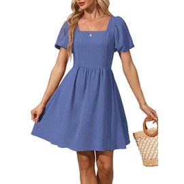 OFEEFAN Women Steel Blue Dress Puff Sleeve Square Neck College Graduation Dresses Summer Mini Dress S