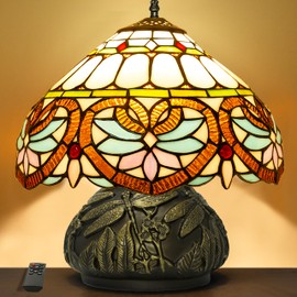 JHuiLap Tiffany Style Table Lamp,12x14 inches Stained Glass Lamp with Remote Control, Regulation Colors Temperature and Brightness,Heart Braque Style Tiffany Mushroom Lamp for Bedside