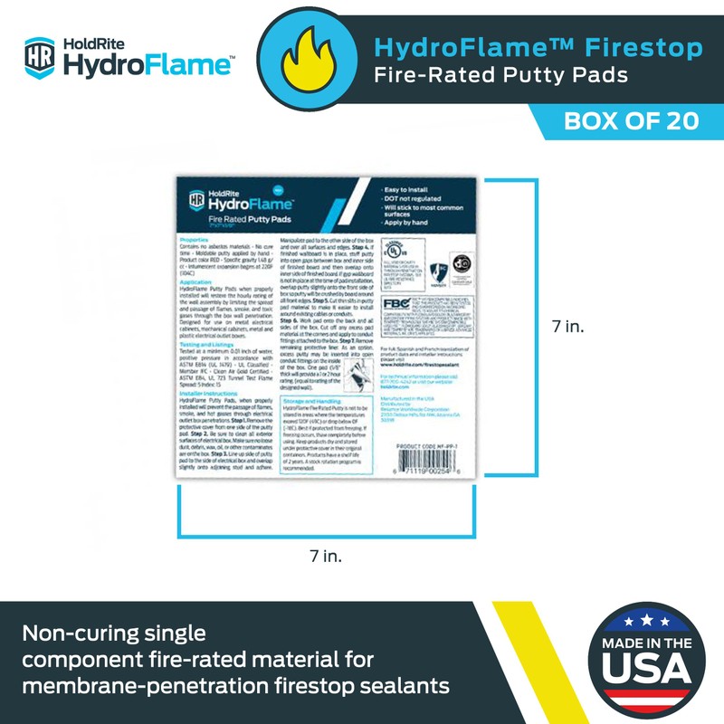 Holdrite HydroFlame 7 x 7 Inch Firestop Putty Pads, (Pack