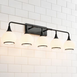 HAHZT Black Bathroom Light Fixtures 5-Lights Vanity Lights with Milky White Frosted Glass Shade Bathroom Vanity Light 39.2 inch Wall Sconce Lighting Bath(Exclude E26 Bulb)