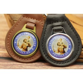 Unbranded NOS VINTAGE 1970s SAINT CHRISTOPHER PROTECT US Leather CAR  Key Chain Ring Fob