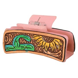 American Darling Floral Long Hair Claw Hand Tooled Carved Genuine Leather Brown Clips Clutcher Gift For Women Girls