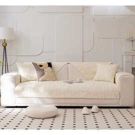 XSlive Farmhouse Couch Cover Solid Color Neutral Sofa Cover Soft Cotton Quilted Sectional Couch Covers Non Slip Washable Sofa Slipcover Furniture Protector for Living Room (Ivory D,43"x70")