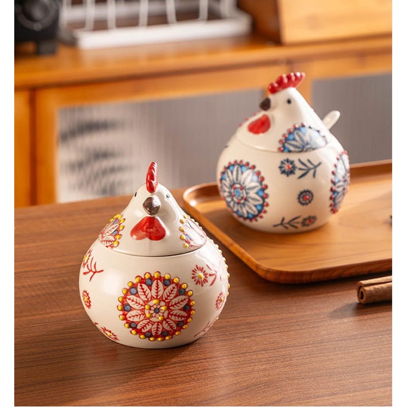 Yaroocvn Ceramic Chicken-Shaped Seasoning Jar, Kitchen Condiment Box with Spoon