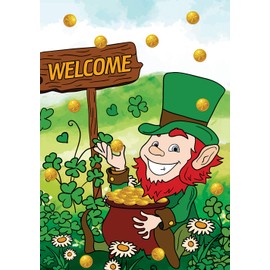 Texupday Welcome Smile Leprechaun Gold Pot Decoration Double Sided St. Patrick's Day Shamrock Garden Flag Outdoor Yard Decor 12" x 18"