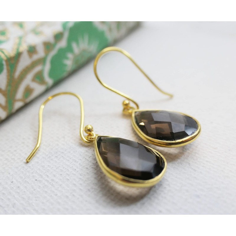 Smoky Quartz Teardrop Shape Gold Plated Sterling Silver Earrings