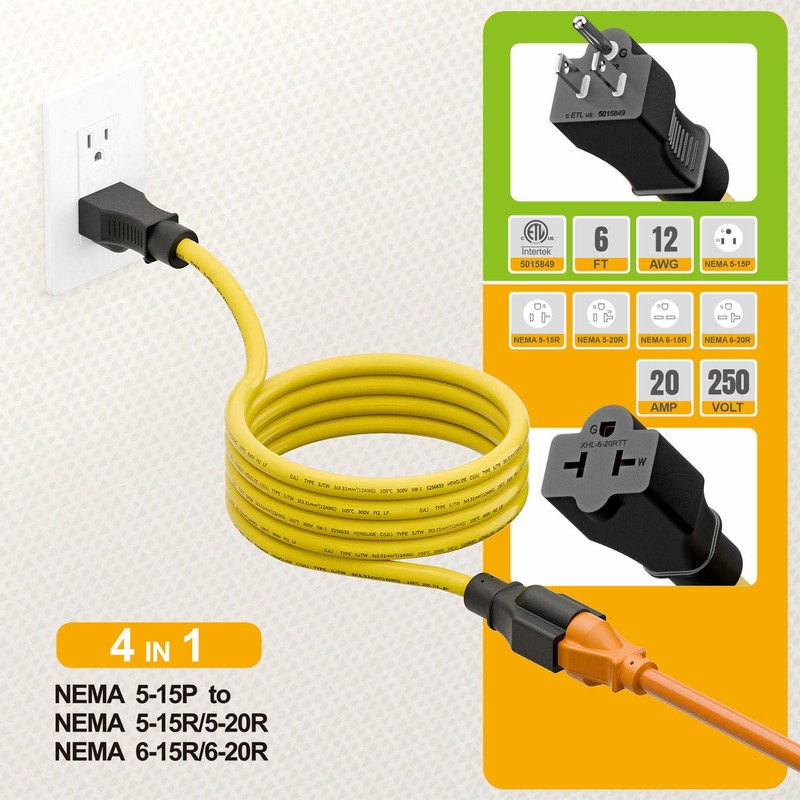 [6-Feet] 12AWG 15 Amp Household AC Plug to 20 Amp