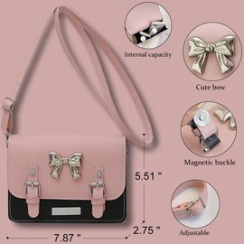 Crossbody Bag for Girls，Small Square Shoulder Bag with Bow Accent Handbags Cross Body Purses (Pink & Black)