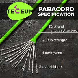 TECEUM Paracord Type IV 750 lb Neon Green – 1000 ft – 4mm – 100% Nylon Strong Tactical MIL–SPEC Parachute Cord – Survival Rope Emergency Para Cord 11 Strands Core EDC Camping Hiking Military Gear 462а