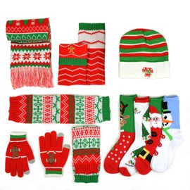 Great Gift Idea for Women Christmas Holiday Socks, Beanies, Scarf, Gloves 9-Items (Christmas-A)