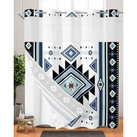 No Hook Waterproof Shower Curtain, Blue Curtain Liner Set, Western Southwest Native American Indian See-Through Top & Double Layers Fabric Shower Curtains for Bathroom Decor, 72x72 Inch
