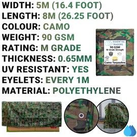 Premium Camouflage Heavy Duty Tarpaulin, 90gsm Waterproof Cover Ground Sheet Forest Tarp, Army Camo Basha, Weatherproof Tear & UV Resistance Military Sheet (5m x 8m)