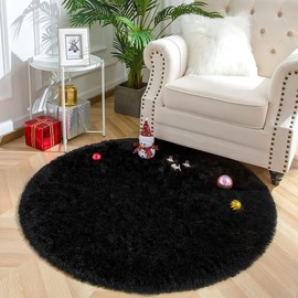 VOFUSHON Bedroom Shaggy Plush Round Rug, Colourful Batik Faux Fluffy Velvet, Modern Interior Rugs, Long Hair Fur Look, Cosy Bed Rug, Sofa Mat, Carpet (Black, 100 x 100 cm)