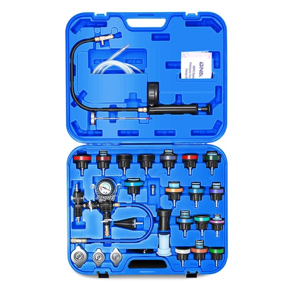 DNA MOTORING 28pcs Radiator Coolant Pressure Tester Vacuum Refill Tool Kit for Most Vehicles,with Carrying Case,Blue,TOOLS-00316