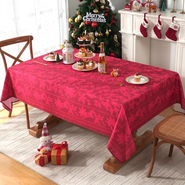 Yrendenge Christmas Red Tablecloth, Poinsettia Waterproof Table Cloth Rectangular Wipe Clean, Holly Leaves Washable Wrinkle Free Table Cover for Holiday Dinner Kitchen Party, 51x87in/130x220cm