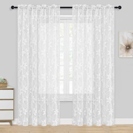 DWCN White Lace Sheer Curtains - 84 inches Long Floral Lace Design Rod Pocket Window Voile Sheer Drapes for Bedroom Living Room 52 x 84 inches Long Curtain Panels, Set of 2, White