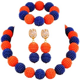 aczuv Nigerian Wedding African Beads Jewelry Set Women Simulated Pearl Necklace and Earrings (Royal Blue-Orange)