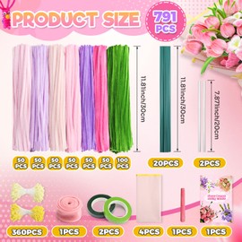 791 Pcs Pipe Cleaners Craft Flowers Kit,400 Pcs 7 Colors 8mm Fuzzy Pipe Cleaners Bulk (Tulips/ Lilies), Chenille Stems for DIY Flower Making Kit Crafts, Floral Stems & Tape, 360 Pcs Stamen & Ribbon