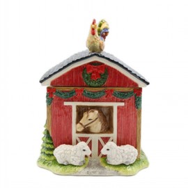 Cosmos Gifts 56569 Fine Ceramic Country Christmas Farm Barnhouse with Horse, Lambs and Rooster on Roof Top Cookie Jar, 8-3/4" H, Red