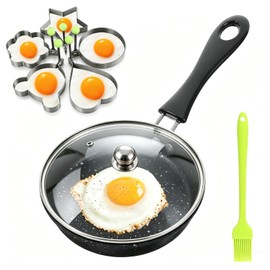 LIULINY Mini Padella Antiaderente 12 cm, Padella Piccola Antiaderente, Portatile Piccola Padellas con 1 Coperchio Spazzole 5 Stampi, Padellino per Uovo pour Cuisinière Gaz Cuisines Inductions