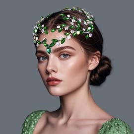 HNYYX Bridal Wedding Headpiece, Rhinestone Bridal Head Band, Colored Crystal Forehead Side Headband, Hair Accessories for Women's Bridesmaid (Green, One Size)