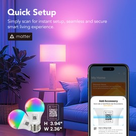 OREiN Matter Smart RGBTW Bulb, Smart Light bulbs with Remote Control Work with Apple Home, Alexa, Google Home, SmartThings, Color Changing Light Bulbs 2.4Ghz WiFi, 800 Lumens Equivalent 60W 6Pack