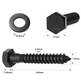 ORTAVA M10 x 100 Hexagon Wood Screws with Washers, Wood Screws Stainless Steel A2V2 - DIN571, Pack of 10