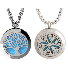 Tree of Life and Cross Essential Oil Diffuser Necklace Stainless Steel Pendants with 24" Chains + 12 Refill Pads