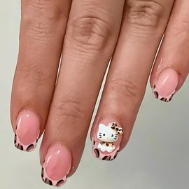 24Pcs Leopard Print French Tip Press on Nails Short Square Fake Nails with Glue Nude Glossy Acrylic Nails Design Cute Cat Nail Charms Stick on Nails for Women DIY Party Kawaii False Nails Set
